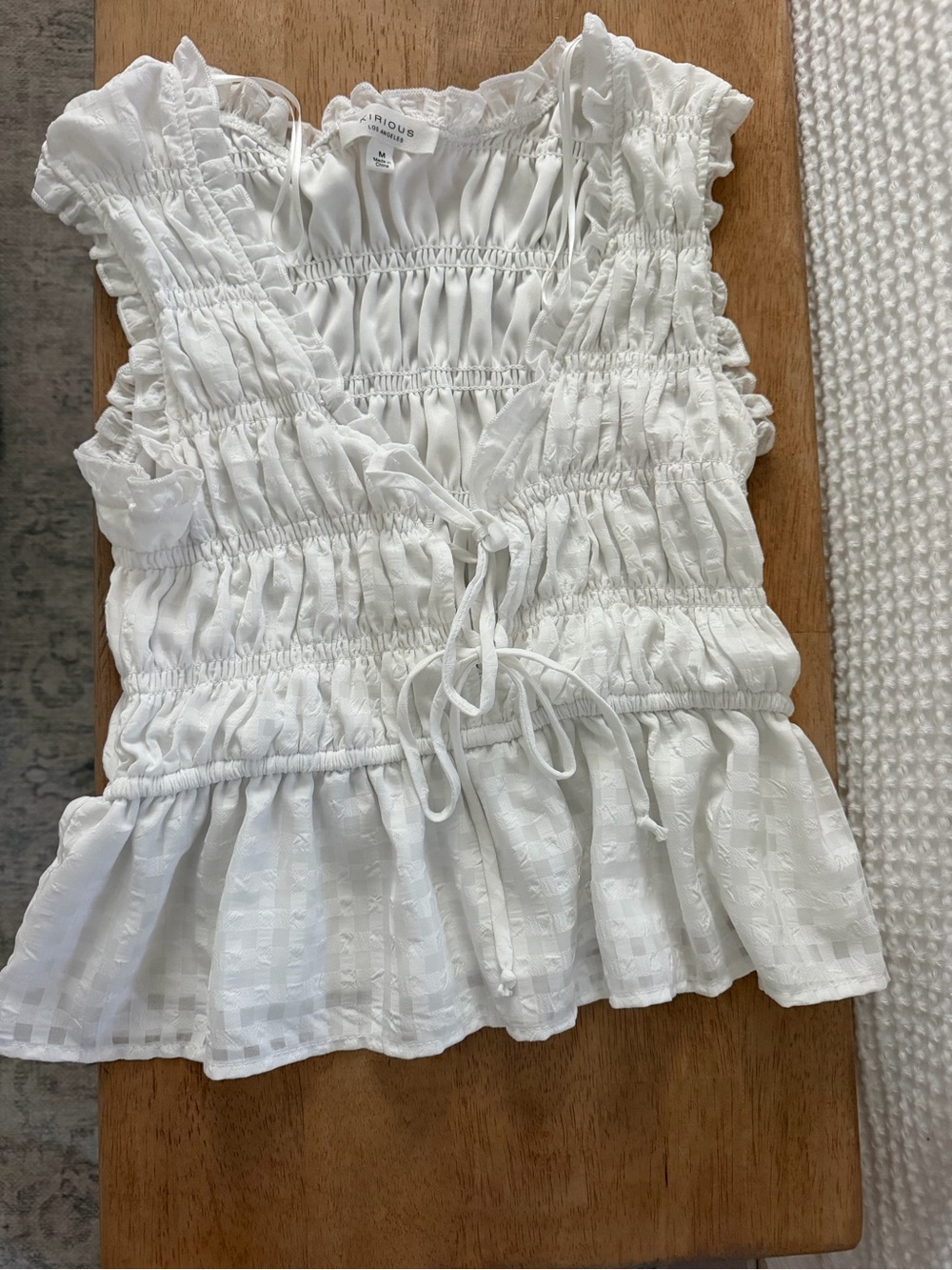 Amorous White Smocked Tie-Front Peplum Blouse